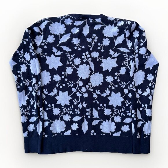 Loft Outlet Cardigan Crew Neck Sweater Womens Size Small Navy Knit Floral Cotton - Picture 2 of 7